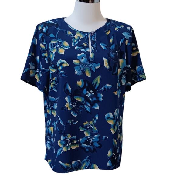 VINTAGE Norton McNaughton Beautiful Satin Blouse Top Shirt LG Bright Blue Floral - Picture 4 of 9